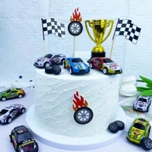 11入組賽車主題蛋糕裝飾,包括賽車蛋糕上装饰、方格旗和賽車印花蛋糕紙杯和裝飾,適用於賽車主題生日派對 - 彩色 - 查看 1