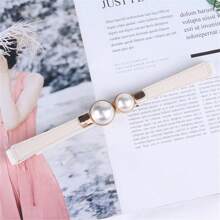 1pc Lady's White Elastic Skinny Belt With Pearl Buckle, Suitable For Casual Wear With Dress, Shirt - White - View 1