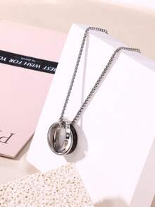 1pc Stainless Steel Double Loop Buckle Necklace For Men, Hip Hop Style Minimalist Design Ring Pendant - Silver - View 5