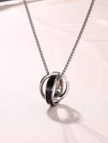 1pc Stainless Steel Double Loop Buckle Necklace For Men, Hip Hop Style Minimalist Design Ring Pendant - Silver - View 1