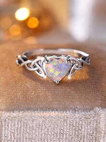 Vanel 1 Pc Style Promise Ring Inlaid Opal In Heart Shape Celtic Design On The Band Engagement / Wedding Ring Gift For Your Love - ring - View 4