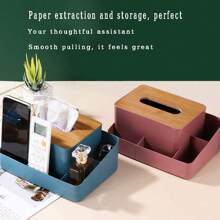 1pc New Style Tissue Box With Wooden Lid Plastic Remote Control Storage Case Living Room Desktop Organizer Multi-Functional Bedroom Tissue Box With Divided Storage Compartments - Multicolor - View 1