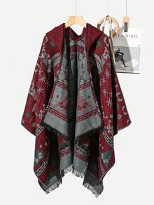 1件女士雪花和鹿印花耶誕風格保暖披風,適用於寒冬氛圍和拍照 - 酒紅色 - 查看 8