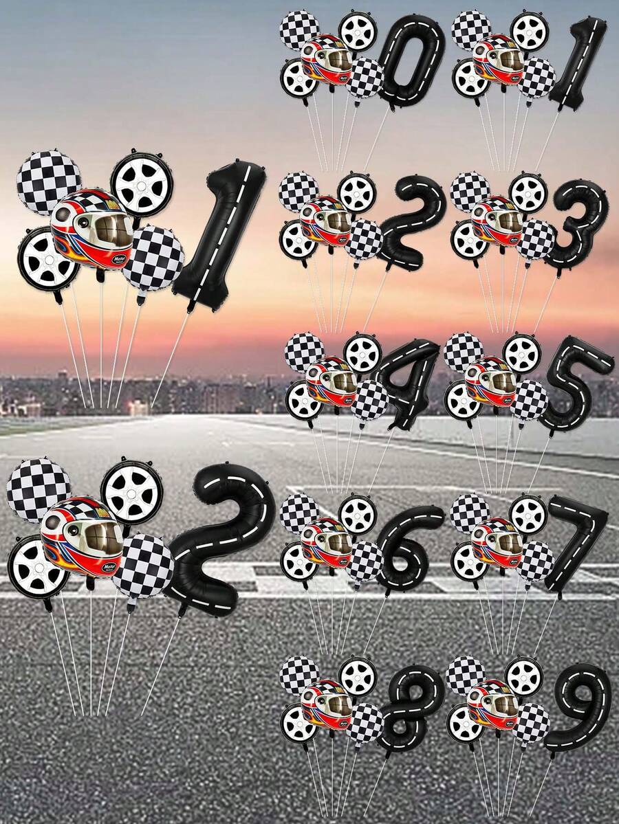 6入組數字0-9大型氣球成套裝,40英寸賽車、數位和賽車頭盔造型鋁箔氦氣氣球套裝,適用於兒童生日派對裝飾 - 彩色 - 查看 1