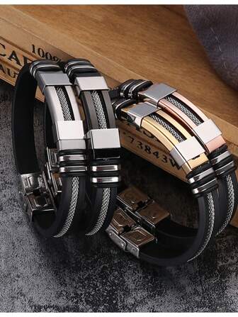 1pc Silicone & Titanium Steel Men's Hip Hop Bangle & Punk Style Stainless Steel Exaggerated Bracelet Fathers Day Gift School