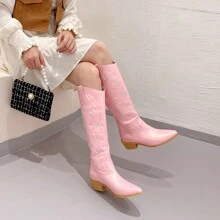 Women's Embroidered Knee High Boots Chunky Heel Cowboy Cowgirl Boots Pointed Toe Slip On Western Chevalier Boots - 粉色 - 查看 4