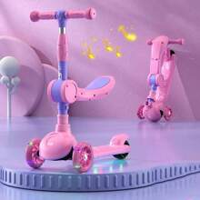 Adjustable Scooter Skateboard With Musical And Led Lights Foldable Simple Devil Skateboard 3 Wheels For Children Girl Boy Colors Children's Toy Game Resistant Detachable - Pink - View 1