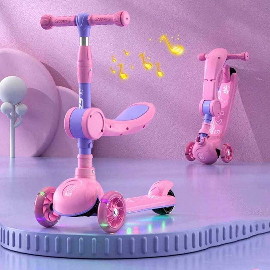 Adjustable Scooter Skateboard With Musical And Led Lights Foldable Simple Devil Skateboard 3 Wheels For Children Girl Boy Colors Children's Toy Game Resistant Detachable - Pink - View 1
