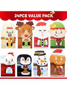 JOYIN 24 Christmas Die-Cut Flip Over Gift Treat Paper Bags For Holiday Party Treats, Pastries, Cupcakes, Cookies Goodie, Brownies, Donuts Xmas Gift-Giving Bag