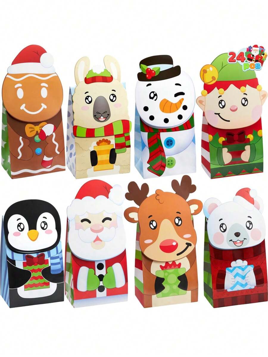 JOYIN 24 Christmas Die-Cut Flip Over Gift Treat Paper Bags For Holiday Party Treats, Pastries, Cupcakes, Cookies Goodie, Brownies, Donuts Xmas Gift-Giving Bag