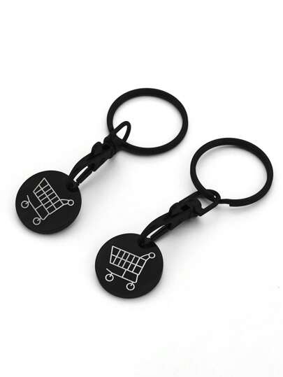 2pcs Women's Creative Shopping Cart Logo Keychain Round Stainless Steel European & American Supermarket Handcart Coin Token Keyring Bag Pendant, Gift For Her