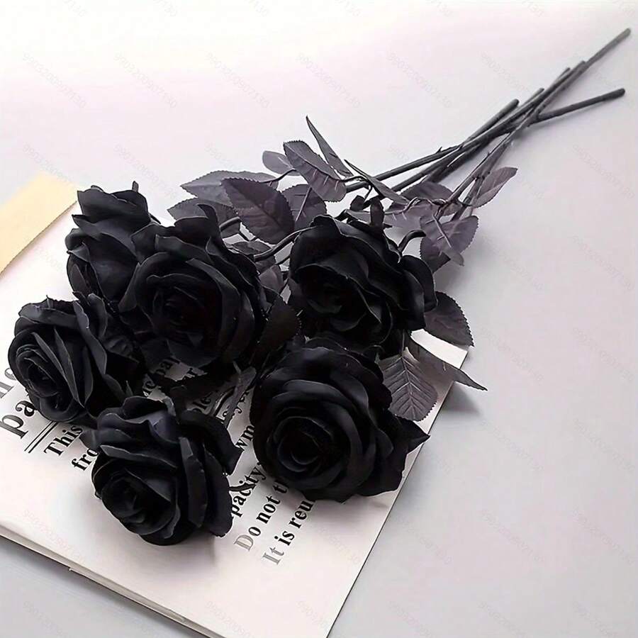6入組哥特風格人造玫瑰花,黑色 - 黑色 - 查看 1