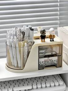 1入組小/大尺寸可旋轉圓柱形桌面文具組織盒帶抽屜，辦公室和學校用品收納筆筒 - 黃色 - 查看 6