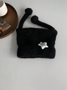 1pc Cute Long Horn Star Decor Knitted Hat For Women, Autumn/Winter, Warm Ear Protection Beanie - Black - View 4
