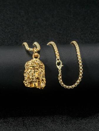 1pc European And American Style Neutral 3d Jesus Head Pendant Bone Necklace, Golden Male Figure Hip-Hop Tag