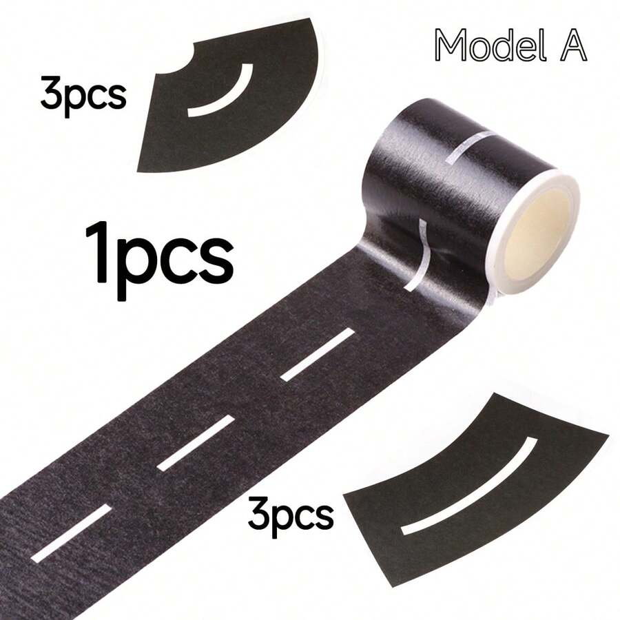 7pcs/Set Children's Cartoon Diy Road Transportation Paper Tape Set, Including 1 Roll Of Plain Road Tape, 3pcs Of Large Curve Stickers And 3pcs Of Small Curve Stickers - Type a - View 1
