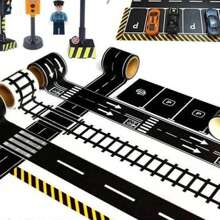 7pcs/Set Children's Cartoon Diy Road Transportation Paper Tape Set, Including 1 Roll Of Plain Road Tape, 3pcs Of Large Curve Stickers And 3pcs Of Small Curve Stickers - Type a - View 9