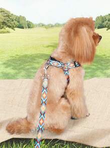 1pc Leash And 1pc Harness Set, Printed Pet Walking Leash For Small And Medium Dogs - Blue - View 2