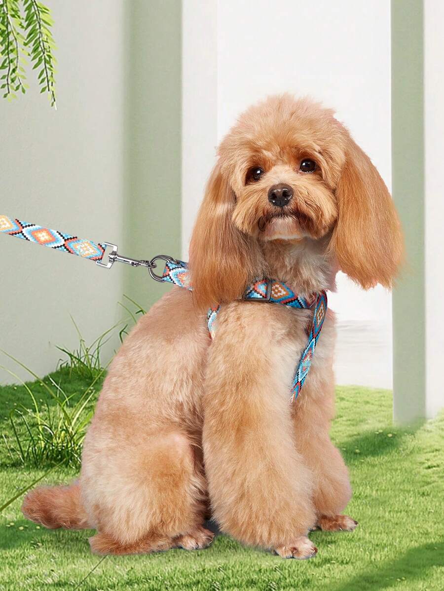 1pc Leash And 1pc Harness Set, Printed Pet Walking Leash For Small And Medium Dogs - Blue - View 1