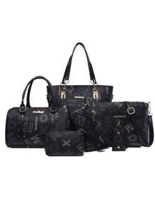 字母印花女肩背包手提包斜背包六件組合包卡包零錢包通勤大包pu材質約會購物包送女朋友 - 黑色 - 查看 2