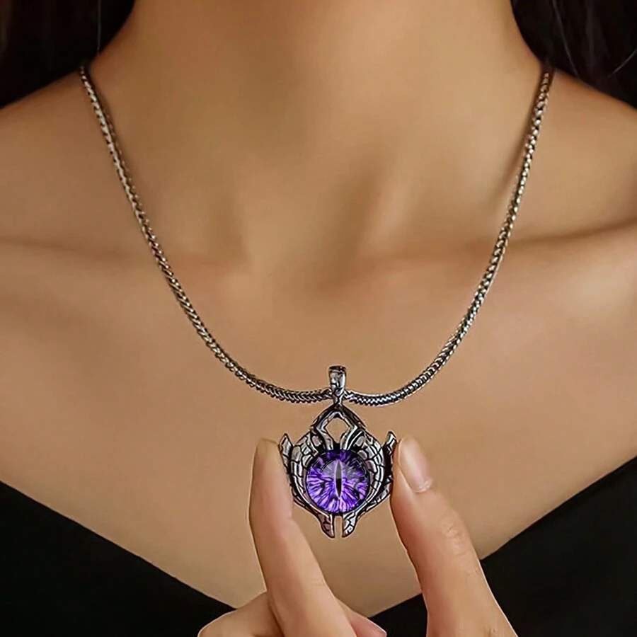 1 件男女通用龐克風格眼球和火焰裝飾吊墜項鍊,嘻哈不銹鋼眼形鏈項鍊 - 紫色 - 查看 1