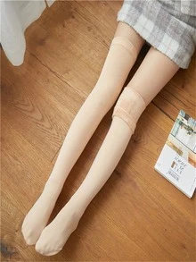 1 件女士柔软天鹅绒般黑色长袜，冬季过膝保暖打底裤，带保暖内衬和紧身靴型裤 - 杏色 - 查看 6