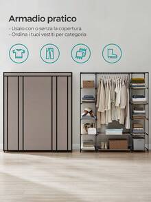 SONGMICS Guardaroba in Tessuto, Armadio Portatile per Camera da Letto, Appendiabiti con Copertura in Tessuto, Portabiti, 45 x 150 x 175 cm, 12 Scomparti, Struttura in Metallo, Tortora, Ritorno a Scuola - Tortora - Visualizzare 3