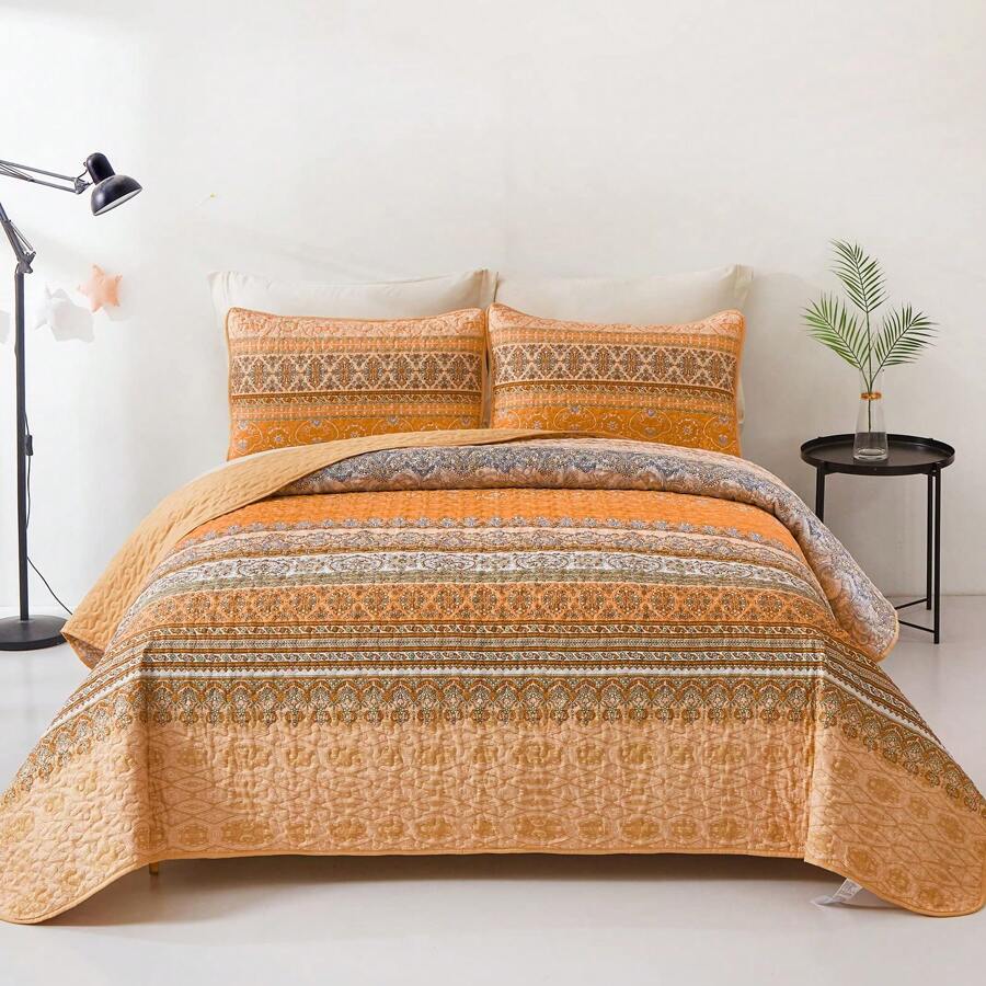3 Pieces Bohemian Quilt Set Queen Size Yellow Boho Yellow Printed Bedspread Coverlet Set For All Season Soft Microfiber Bedding Set (Yellow, 96"X90") - Orange - View 1