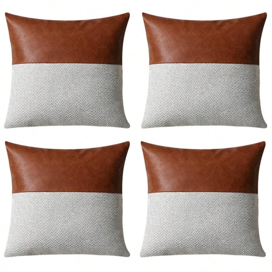 4入組北歐風豪華皮革拼色枕套（不含內芯）,不包括枕頭芯 - 米色 - 查看 1