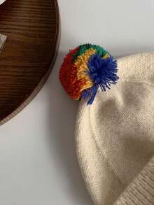 1個獨特的條紋色塊針織帽、毛球帽,情侶休閒聖誕款針織帽 - 米色 - 查看 4