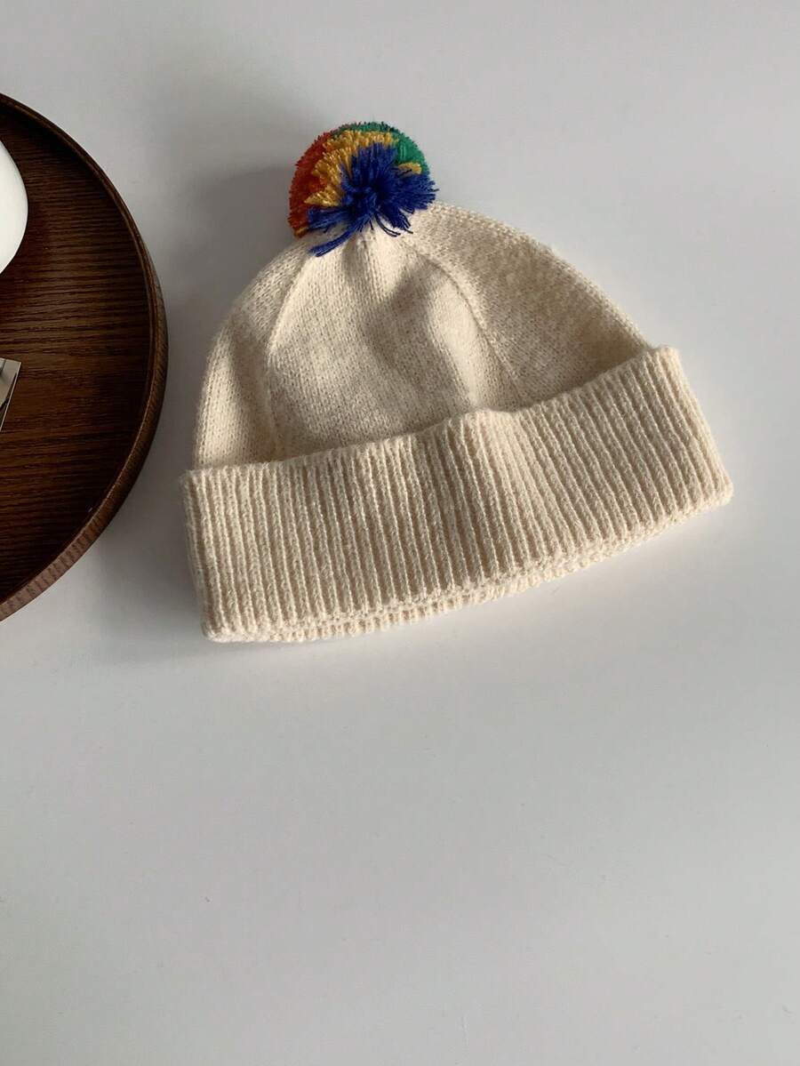 1個獨特的條紋色塊針織帽、毛球帽,情侶休閒聖誕款針織帽 - 米色 - 查看 1