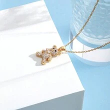 可愛蝴蝶結泰迪熊掛墜頸鏈，微鑲設計，多功能鈦鋼項鍊，適合女性 - 金色 - 查看 3