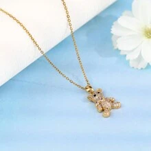 可愛蝴蝶結泰迪熊掛墜頸鏈，微鑲設計，多功能鈦鋼項鍊，適合女性 - 金色 - 查看 2