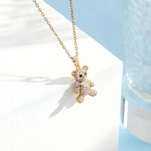 可愛蝴蝶結泰迪熊掛墜頸鏈，微鑲設計，多功能鈦鋼項鍊，適合女性 - 金色 - 查看 1