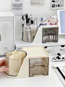 1入組小/大尺寸可旋轉圓柱形桌面文具組織盒帶抽屜，辦公室和學校用品收納筆筒 - 黃色 - 查看 4