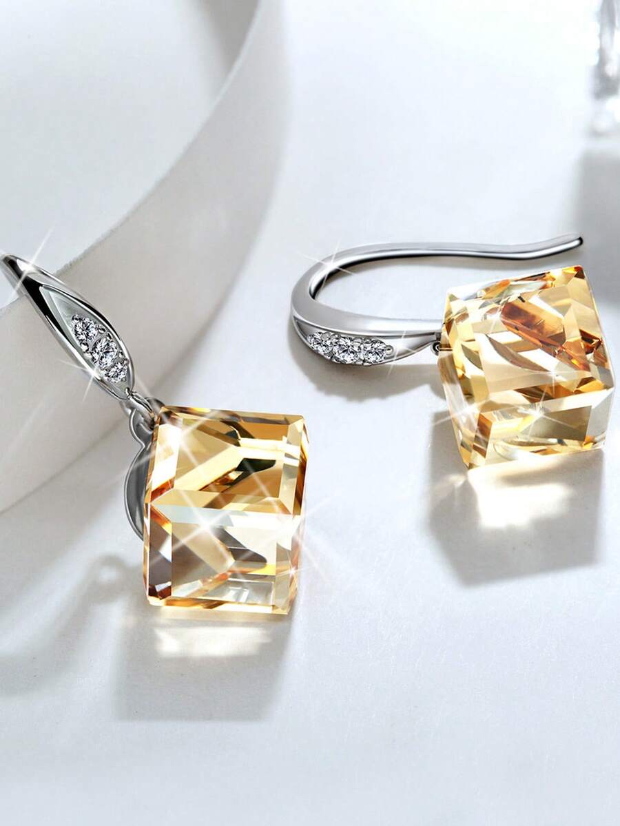 1pair Fashionable Imitation Crystal Cube & Minimalism Dangle Earrings, Perfect For Women'S Daily Wear - Yellow Gold - View 1