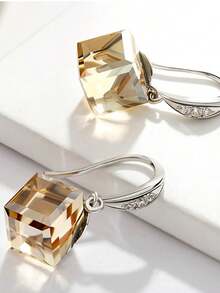 1pair Fashionable Imitation Crystal Cube & Minimalism Dangle Earrings, Perfect For Women'S Daily Wear - Yellow Gold - View 2