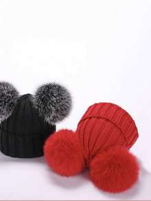 1入兩個毛絨球小孩針織帽,男女寶寶冬季保暖帽,時尚且風格獨特 - 紅色 - 查看 4
