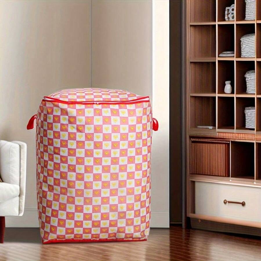 愛心格紋收納袋大容量收納盒衣物衣櫃收納袋可用來存放衣服被子玩具收納用品打包搬家袋 - 紅色愛心 - 查看 1