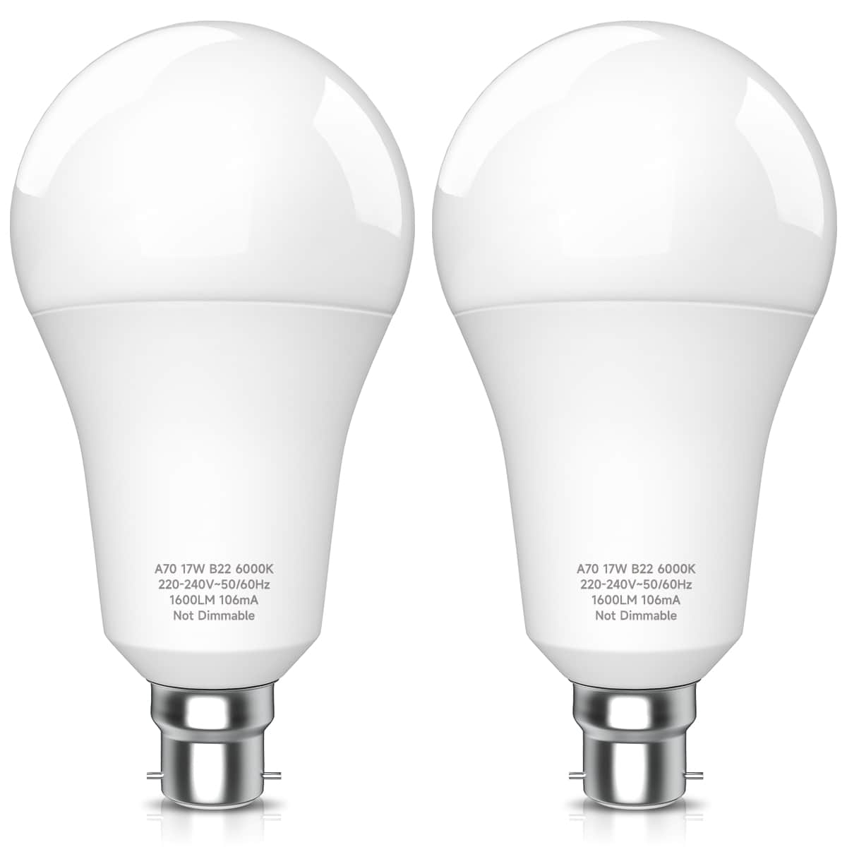 2入組a70 17瓦led燈泡明亮的6000k冷白光,b22插座,不可調光,高亮度1600流明,耐用塑膠包裹鋁,適用於多種家居照明 - 白色 - 查看 1
