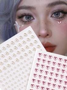 2入組3d模擬珍珠混合粉紅心形眼睛和下眼睫貼紙,附有鑲嵌裝飾,適用於舞臺化妝、音樂節、y2k 聚會 - 彩色 - 查看 1