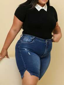 Women Denim Shorts - Navy Blue - View 1