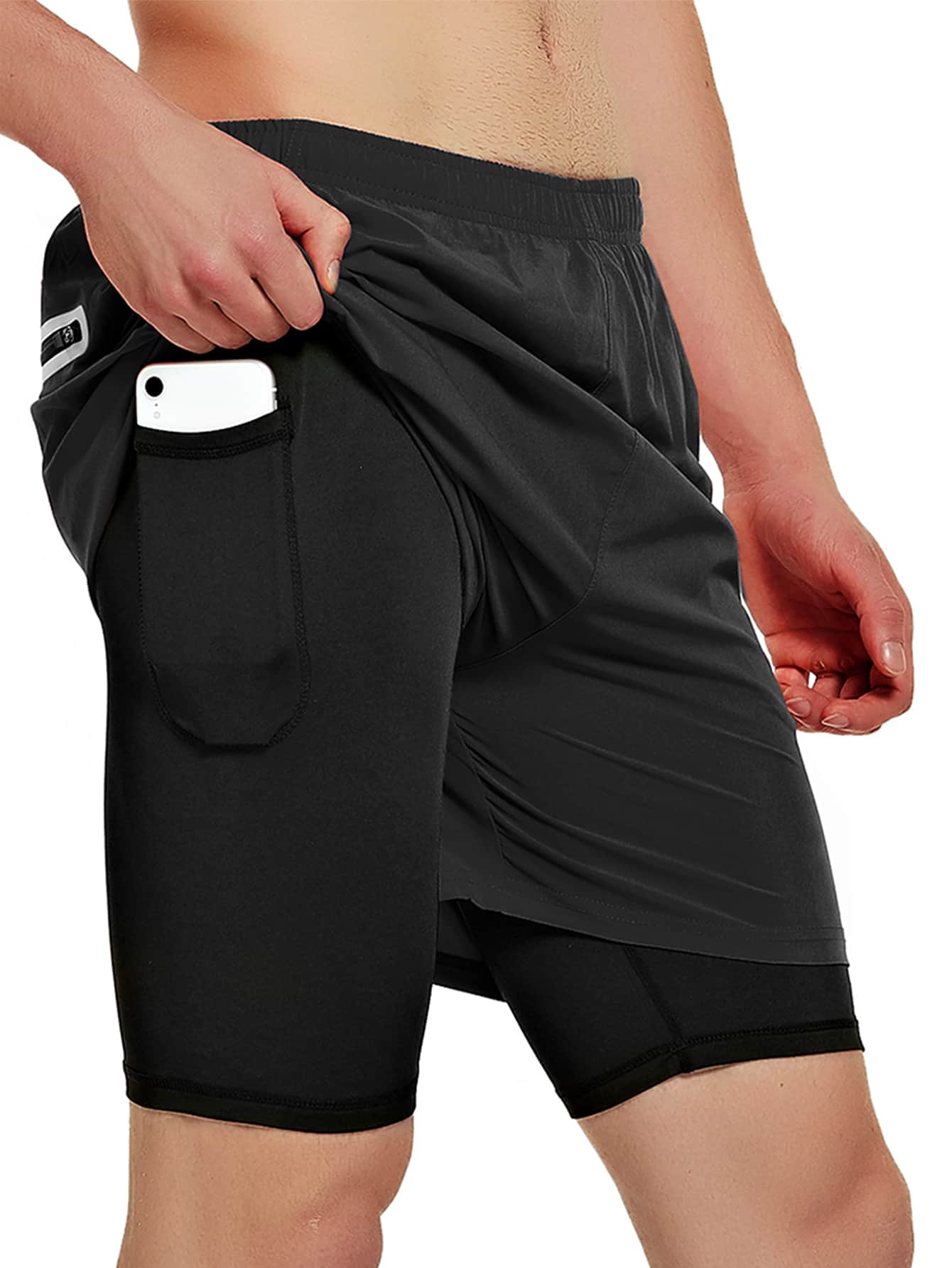 TENJOY Men's 2-In-1 Running Shorts 5-Inch Quick-Dry Workout Gym Training Shorts With Phone Pocket - Black - View 1