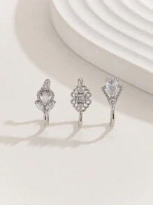 3 件組時尚銅愛心葉假穿孔鼻環套裝適合女性日常佩戴 - 銀色 - 查看 2