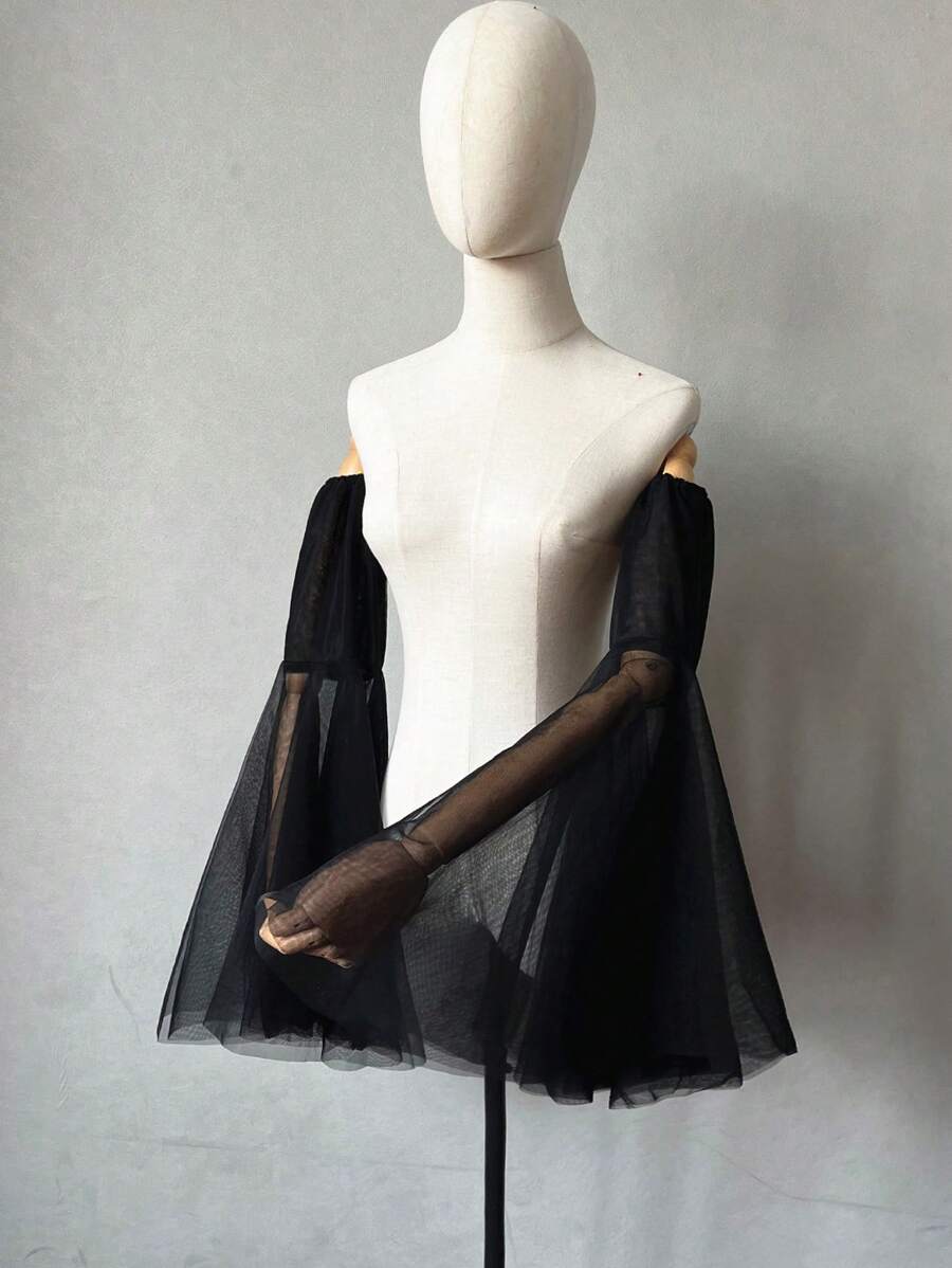 1 件黑色网眼新娘袖，带可拆卸喇叭袖和 2 件弹性新娘短袖秋季女士服装 - 黑色 - 查看 1