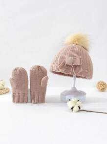 1pc Baby Girls' Sweet Pink Knit Hat With Bow Decoration + 1pair Pink Knit Gloves, Suitable For Autumn And Winter Daily Wear And Keeping Warm, Great Winter Gift For Children - Dusty Pink - View 5