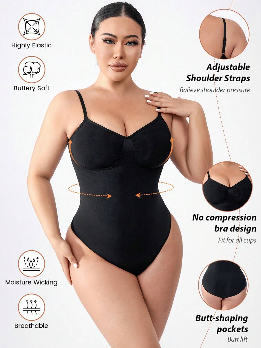1pc Simple Women's Body Shaper With Tummy Control & Waist Cincher And Thong Bottom, Ideal For Base Layer - Black - View 1
