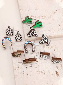 6對西部牛仔風格趣味仙人掌、公牛頭和閃電形狀的時尚耳針,適合女性日常佩戴 - 彩色 - 查看 5