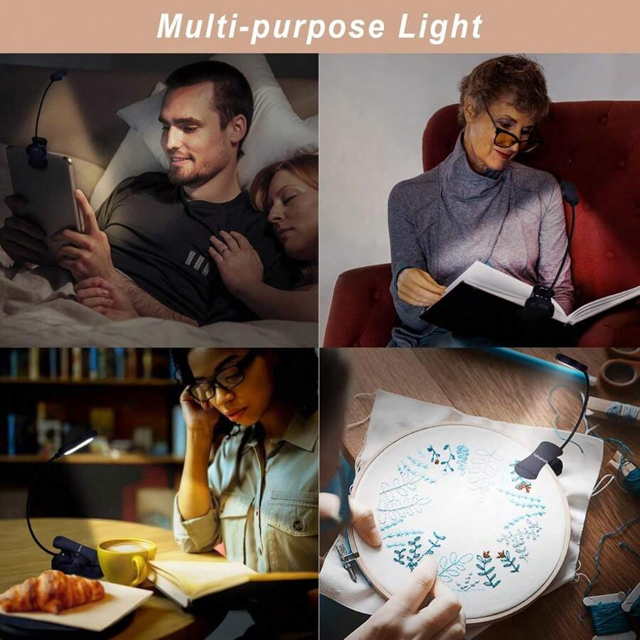 可充電的書燈,led夾式閱讀燈,3種顏色×3種亮度,長達60小時的眼護閱讀時間,溫暖&白色光,適用於床頭板和旅行 - 黑色 - 查看 1