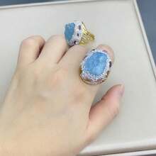 New Arrival Natural Gemstone Aquamarine & Blue Crystal Raw Stone Ring, Personalized Fashionable Plating Preservation Ring & Jewelry Accessory - Royal Blue - View 5